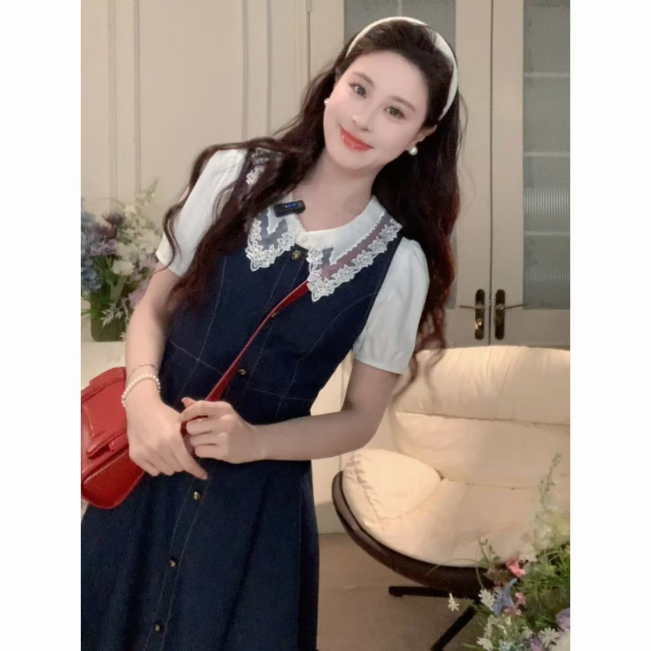 鹿向南-七月茉春夏显瘦拼色连衣裙蕾丝衬衫通勤套装QYM002469