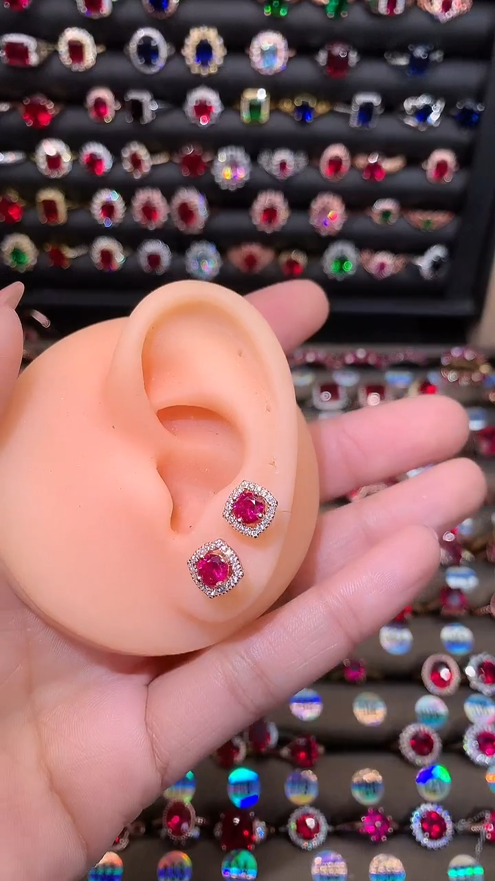 【闪购商品】红宝石耳饰银S925镶嵌玫瑰金