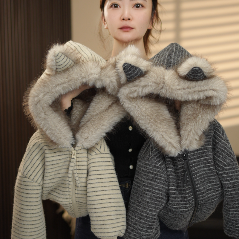 加棉加厚冬季新款条纹连帽加绒慵懒宽松 宝宝上衣男女童