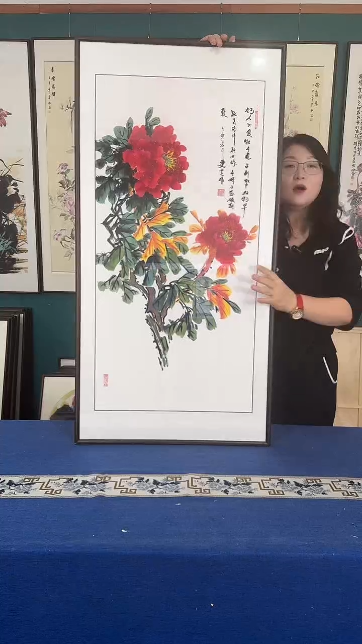 国画60*120牡丹实木装裱