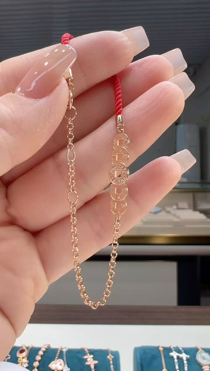【闪购商品】钻石手链18K金镶嵌镶钻铜钱红绳手链K红