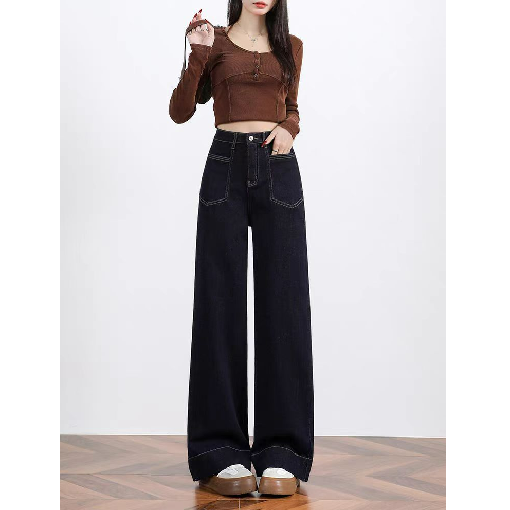 女春秋款2024年新款丹宁深蓝窄版直筒牛仔裤高级感宽松阔腿裤