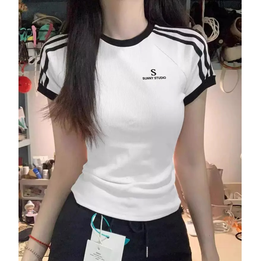 美式复古2025新款条纹杠条短袖t恤女夏修身显瘦辣妹设计感上衣潮