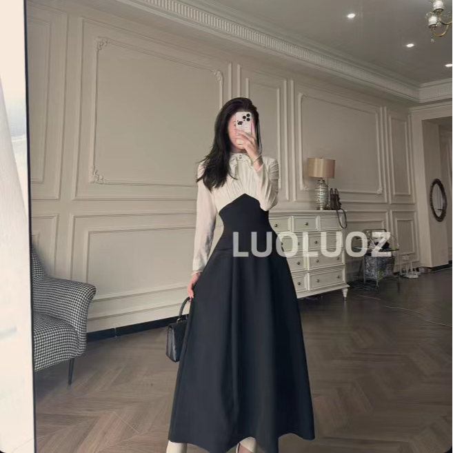【现货】LUOLUOZ【星河魅影】气质假两件拼接收腰长款连衣裙JF294