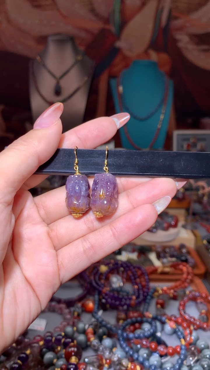 未镶嵌珠宝半成品水晶极光紫钛貔貅耳饰多样性发其1