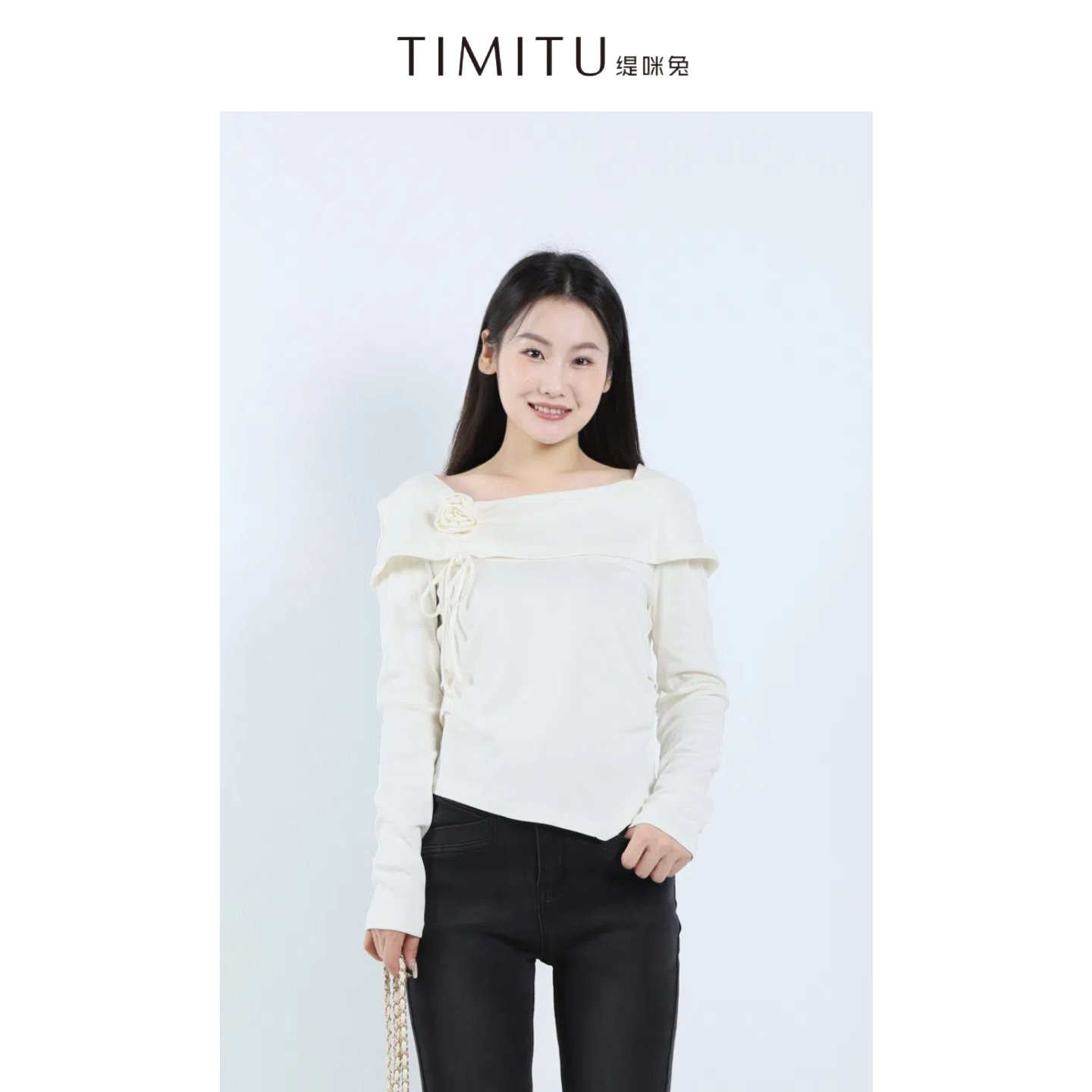 TIMITU缇咪兔小香风气质女装方领不规则设计感时尚小衫34322011