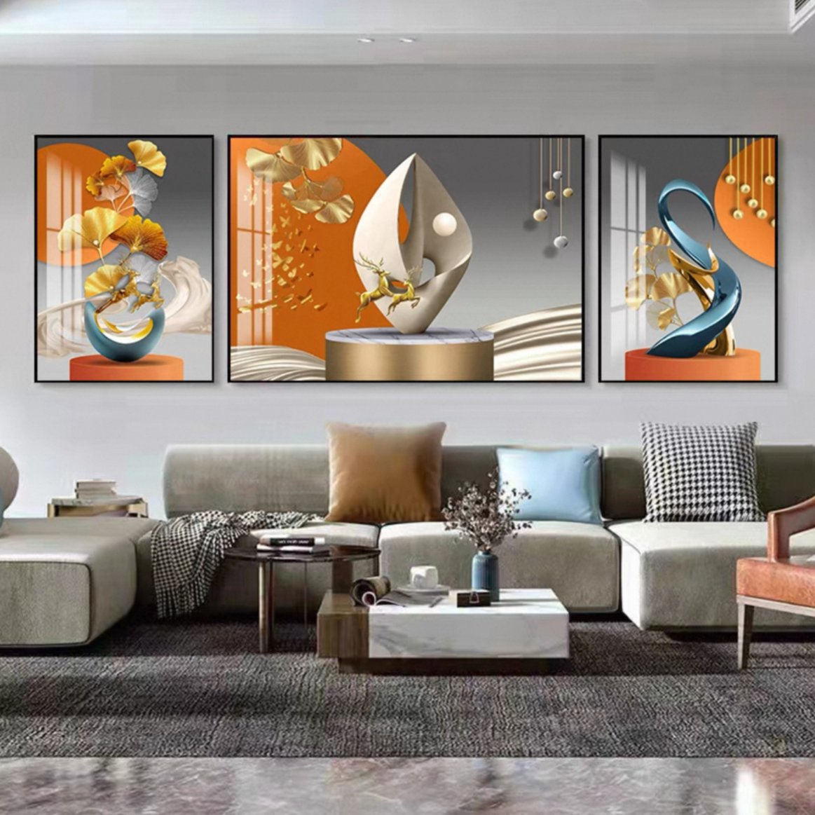 轻奢感简约客厅背景装饰画新中式背有靠山挂画大气山水三联壁画