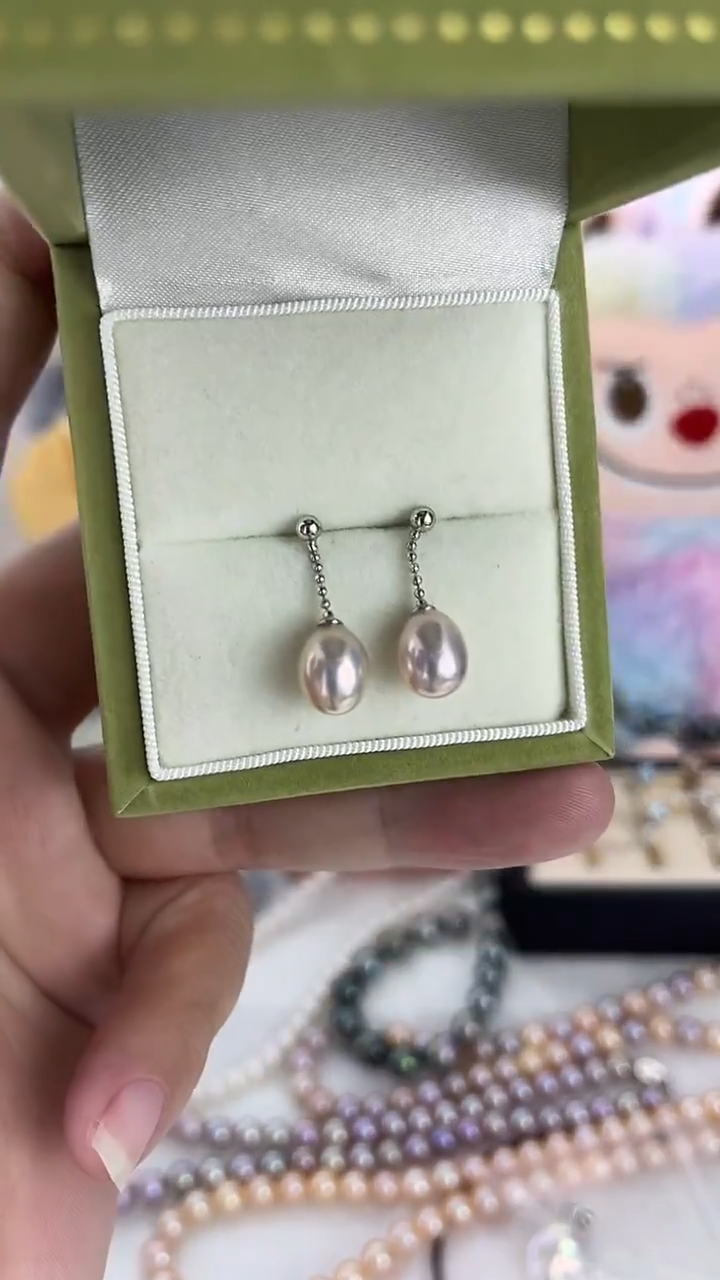 银S925镶嵌淡水珍珠耳饰天然珍珠怪色金属色紫耳线约7-8