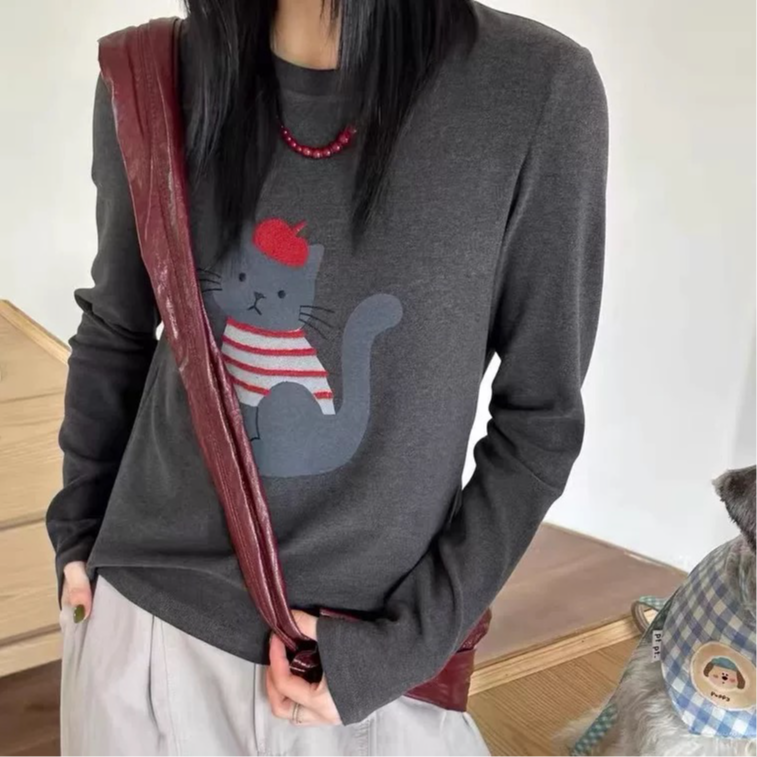 武汉蔓姐【T恤】冬季新款双面绒韩系小猫咪内搭衣长54公分左右1203#