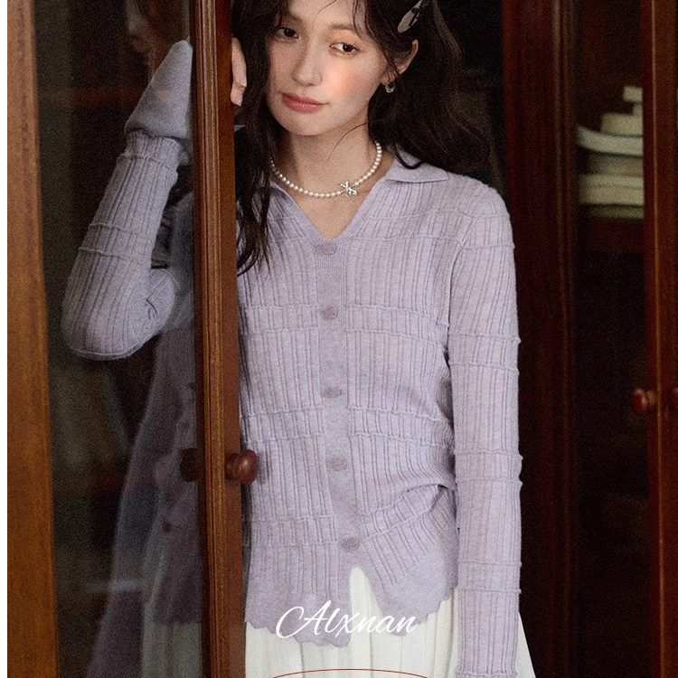 鹿向南「芋芋挂花」紫色长袖针织衫女早秋新款设计感短款修身上衣