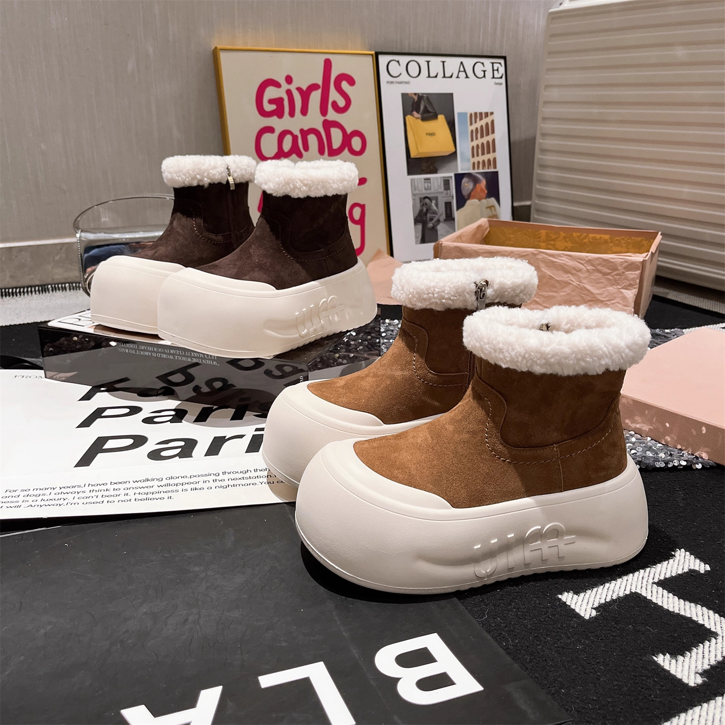 【Ly】欧洲站大头毛毛鞋厚底松糕加绒雪地棉靴面包鞋小个子时尚女鞋