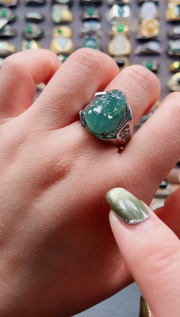 银S925镶嵌戒指翡翠天然翡翠男戒
