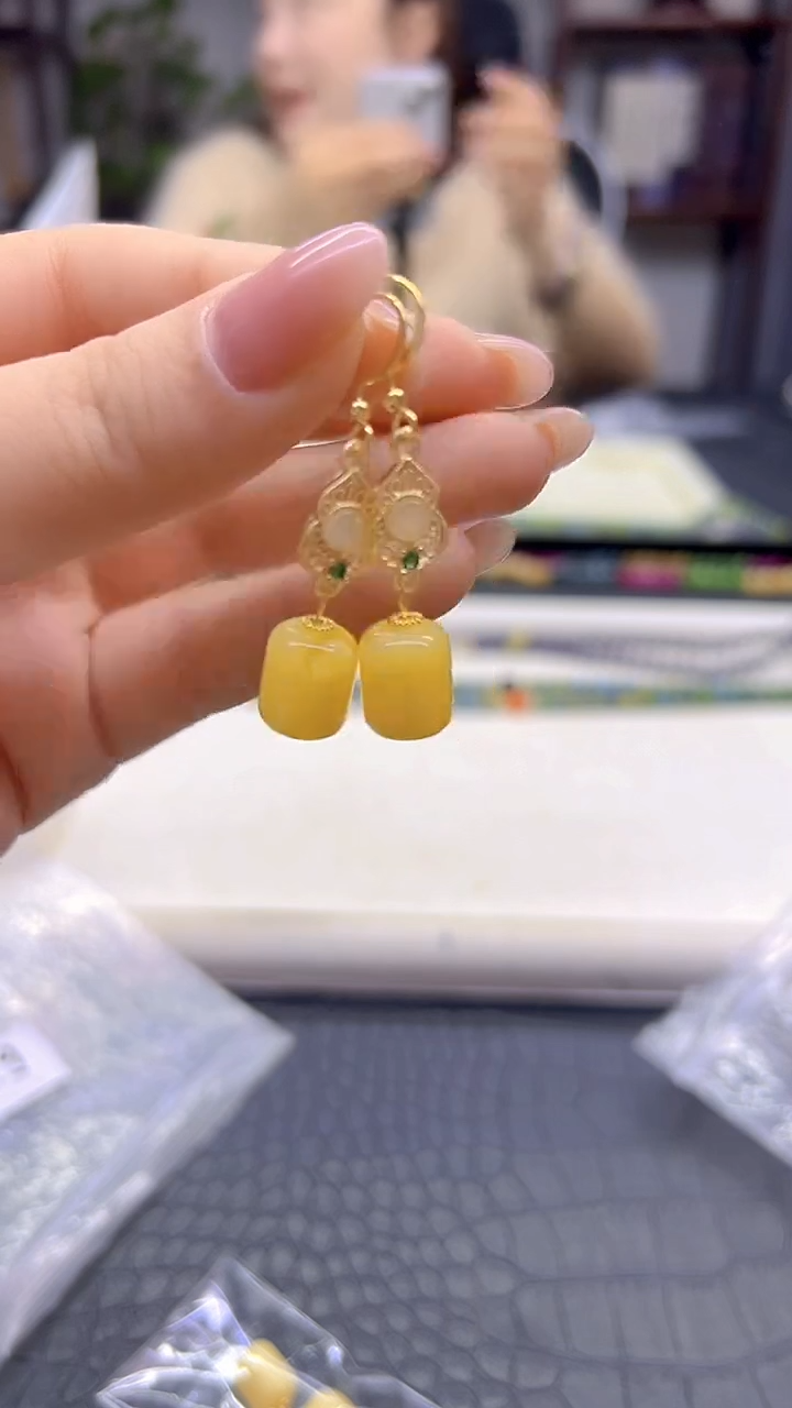 蜜蜡14K金镶嵌耳饰DIY款E956