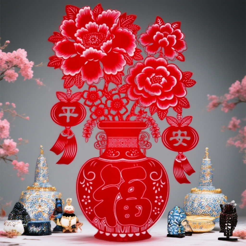 新款植绒平安果牡丹红花瓶吸附窗花新年装饰用品