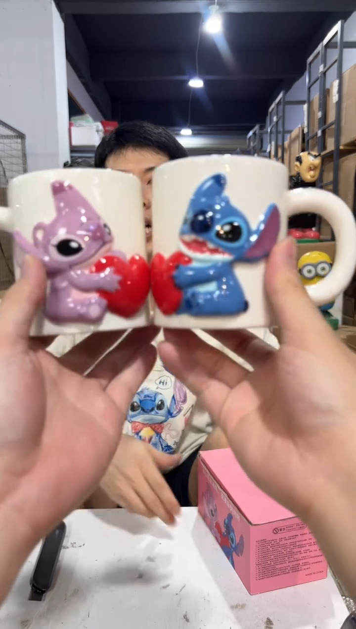 瓷片原盒史迪仔安琪浮雕爱心对杯