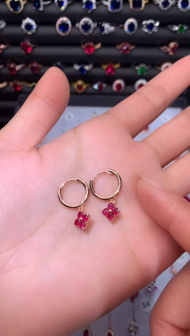 【闪购商品】红宝石耳饰银S925镶嵌玫瑰金