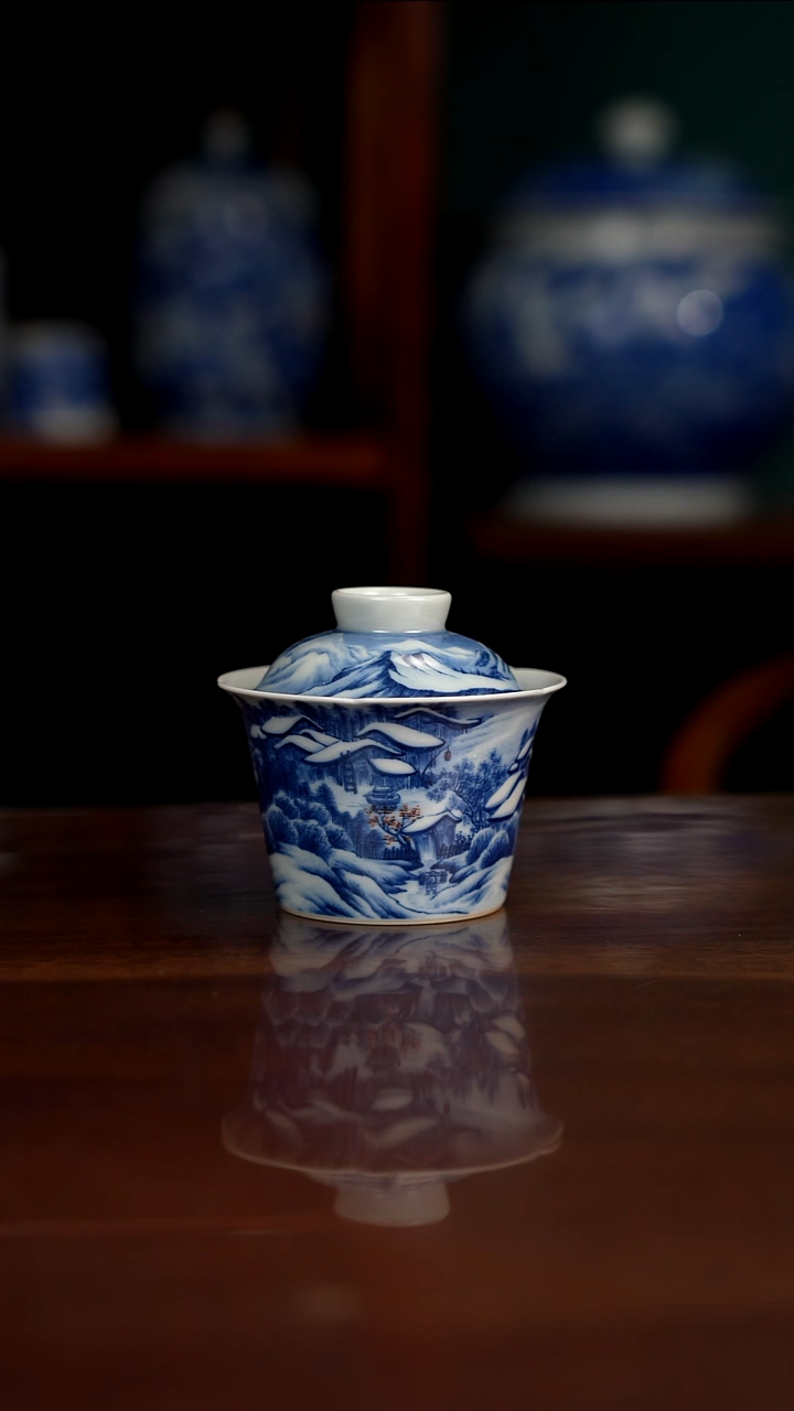 景琳藏 风雪夜归人 雪景盖碗