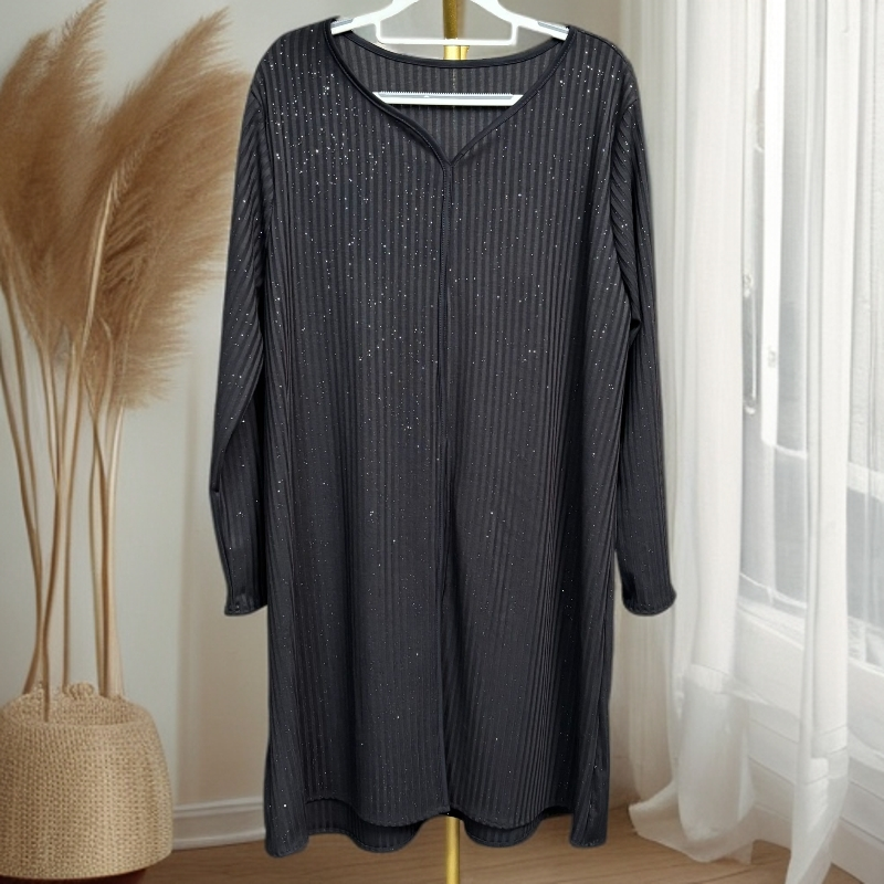 566黑色细闪针织长袖大码女装上衣纯色休闲