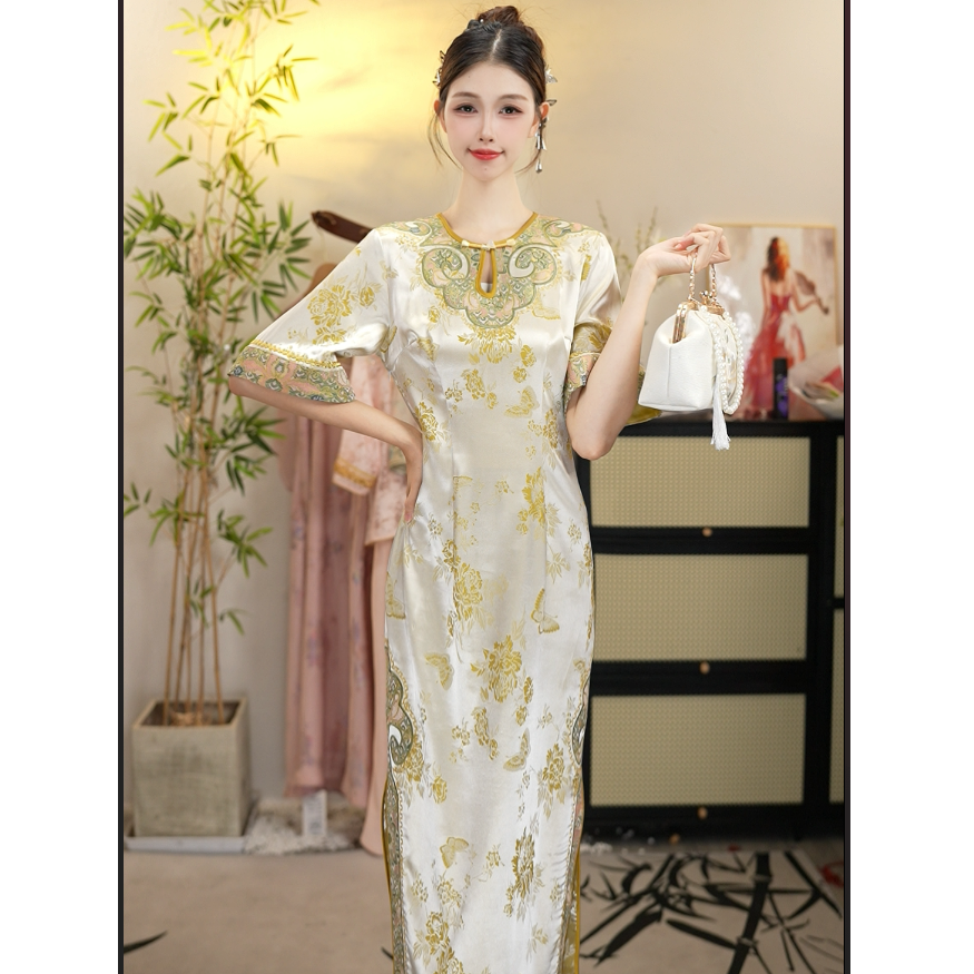 花无雪2025夏季新款中国风复古日常黄色气质修身长款旗袍（1628）