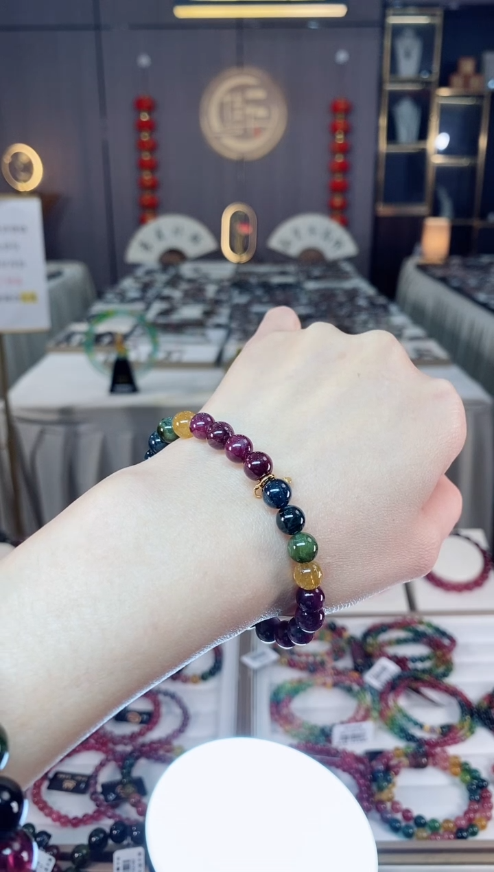 未镶嵌老矿碧玺色标彩虹单圈手串7mm+碧玺dan多样性发货一条