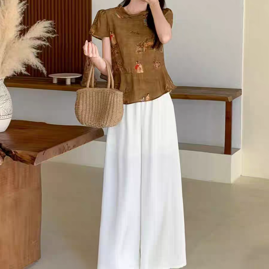 衣源5103#新中式国风印花衬衫+阔腿裤两件套(衣长约55裤长约97）