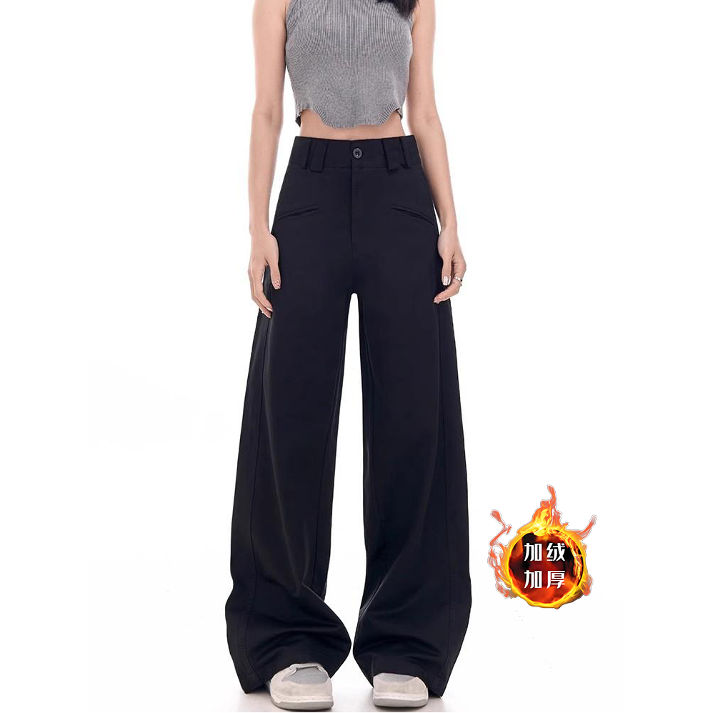 加绒加厚黑色西装裤女秋冬长裤设计感高腰垂感休闲裤阔腿裤拖地裤
