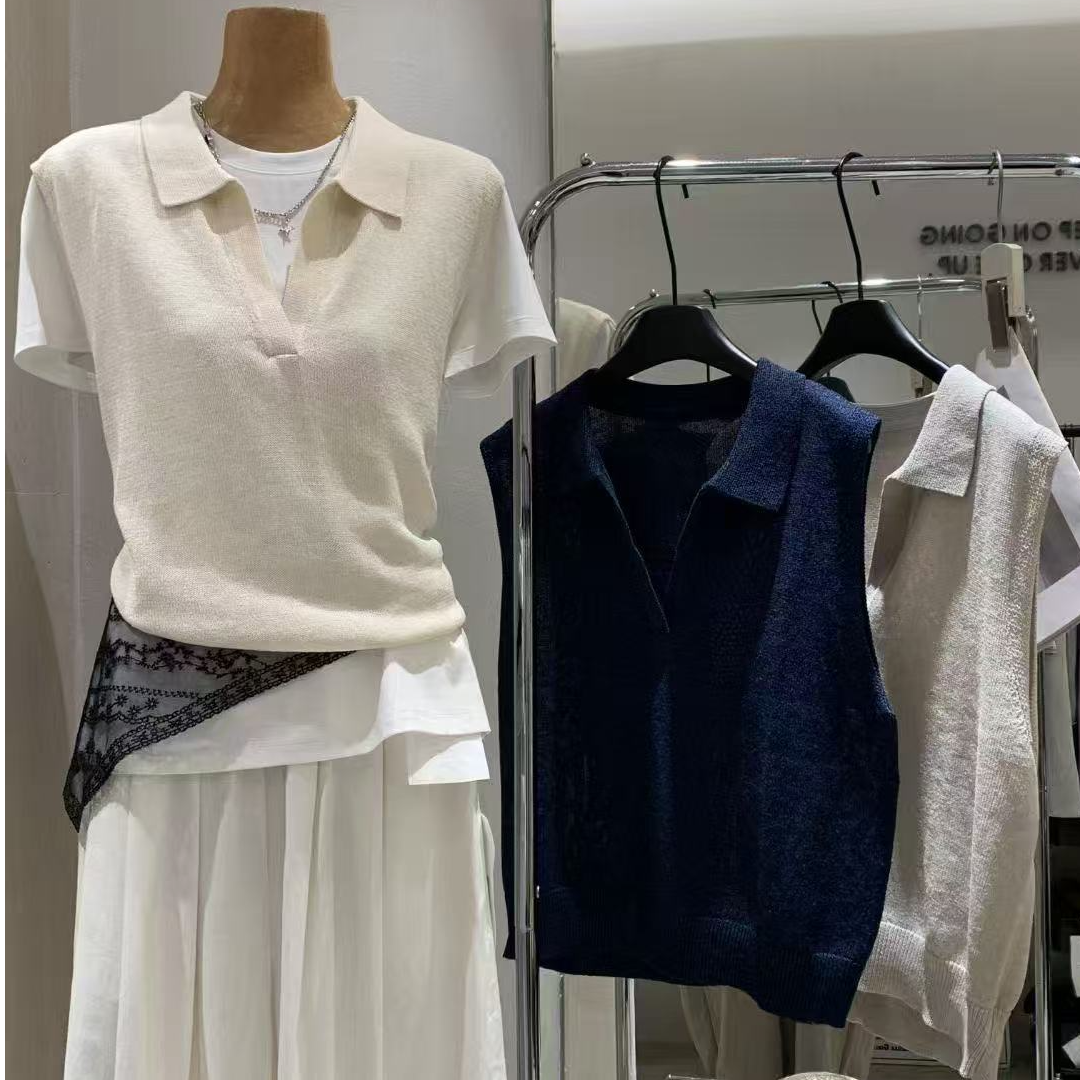 【赖老板】进口和纸沙精梳棉polo翻领针织衫背心可叠穿宽松上衣