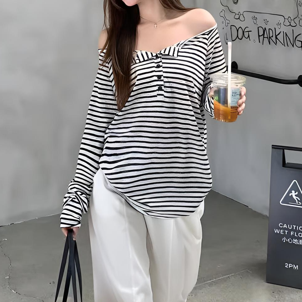 慵懒风撞色条纹露肩长袖T恤女秋季宽松百搭减龄别致休闲百搭上衣 