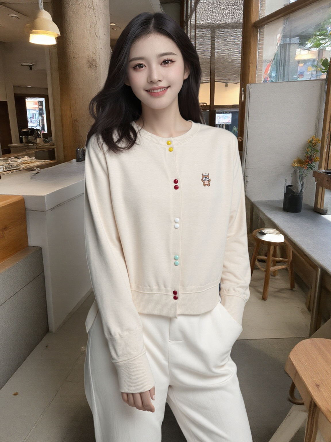 轻熟风圆领开衫款心形女毛针织衫时尚秋冬欧若智性风