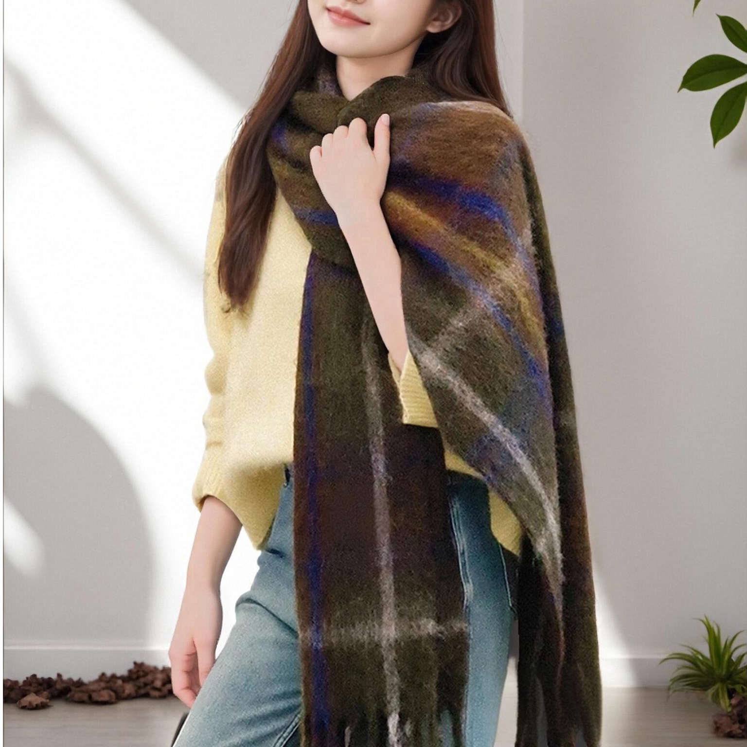 绿野仙踪围巾 莫奈油画~格纹羊毛流苏针织保暖长围脖