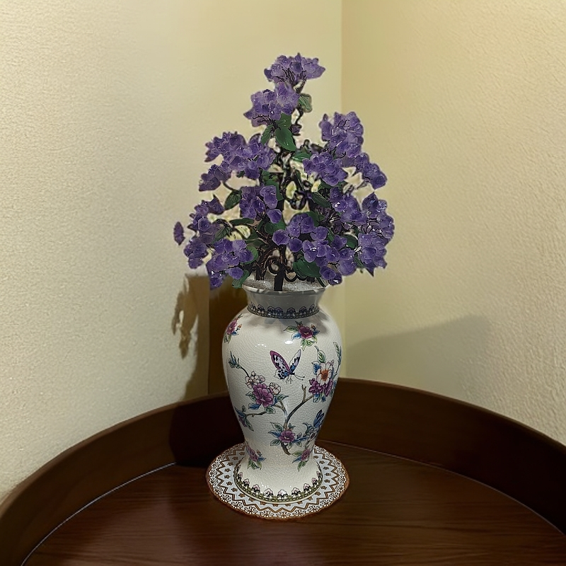 【卓越轻奢】蝶恋花陶瓷天然紫水晶摆件乔迁办公家居精美纯手工