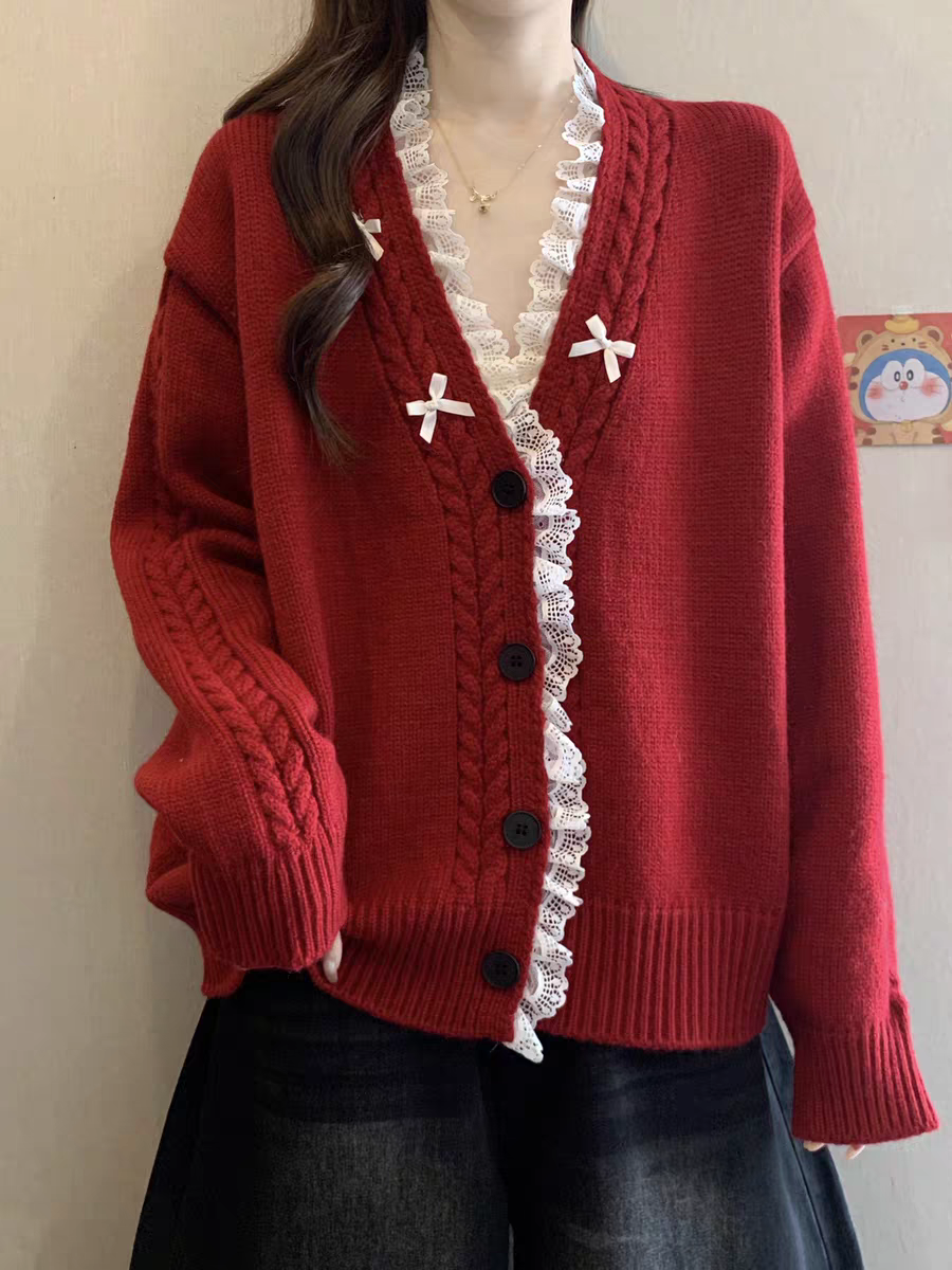 法式V领蕾丝花边领针织毛衣女秋冬新款洋气百搭开衫上衣