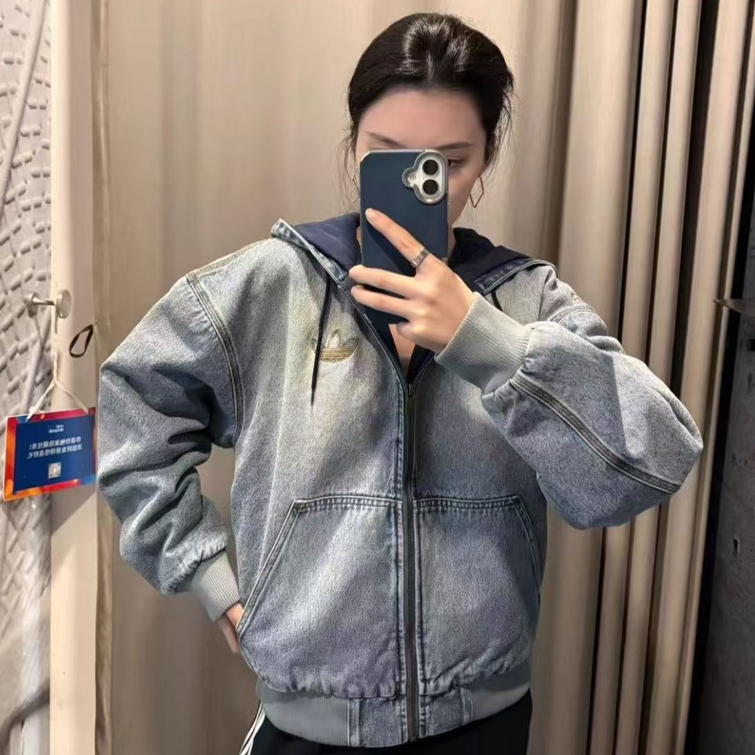 adidas阿迪达斯三叶草冬季新款保暖牛仔运动宽松连帽棉服KE0131