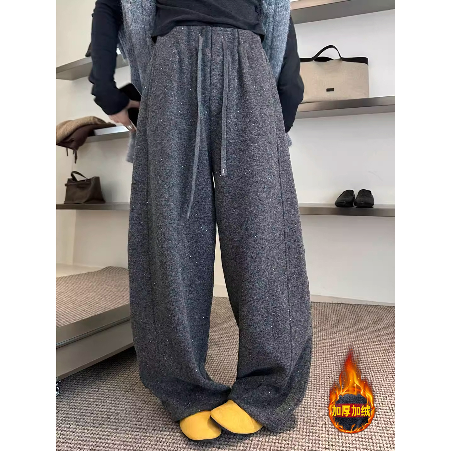 加绒加厚阔腿裤女秋冬新款巨好看亮闪闪休闲拖地裤星空闪闪长裤子