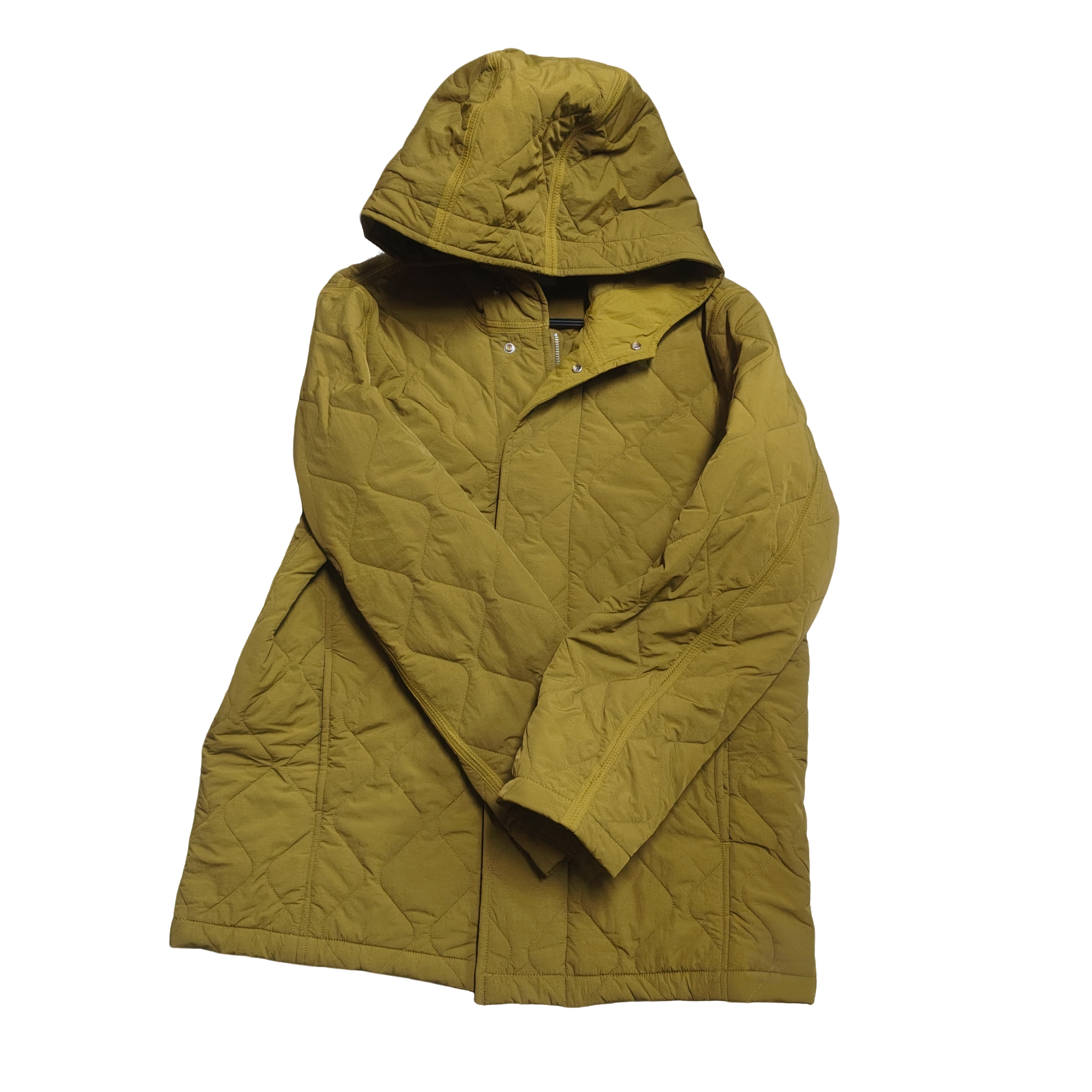 车线按扣戴帽芥末绿短外套