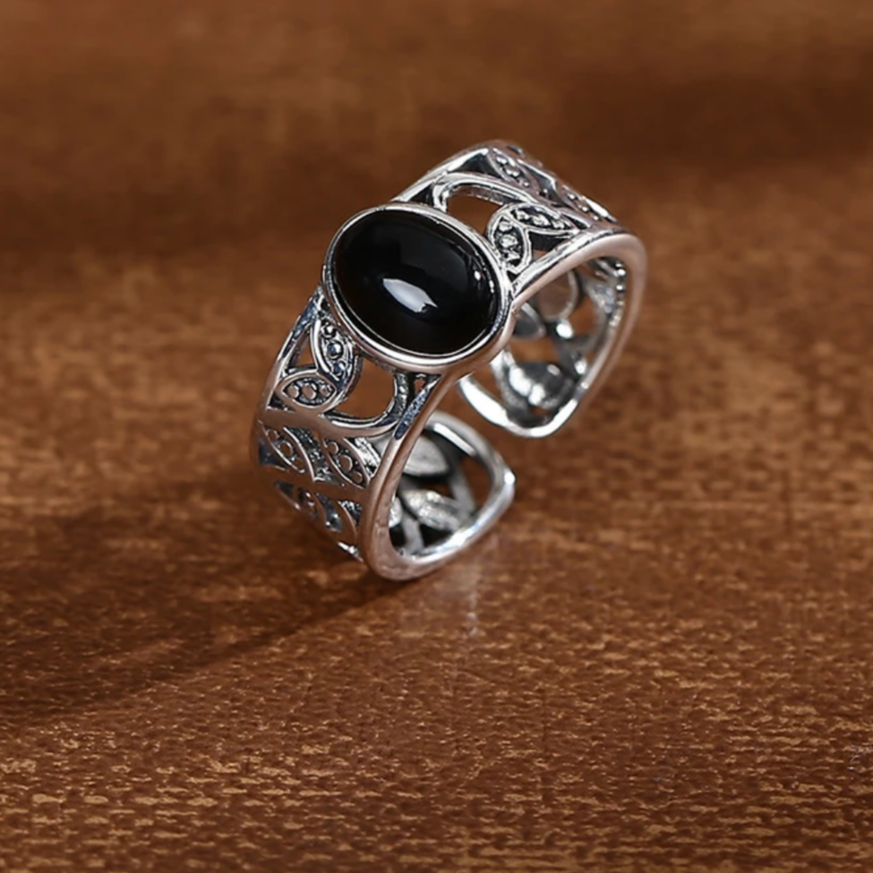 镂空叶片黑玛瑙开口戒指 复古做旧气质高级百搭