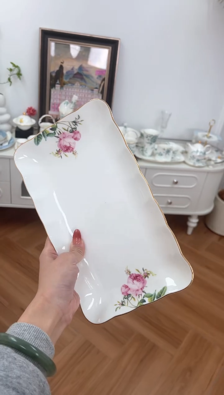 【闪购商品】碗玫瑰高骨骨瓷大长方盘