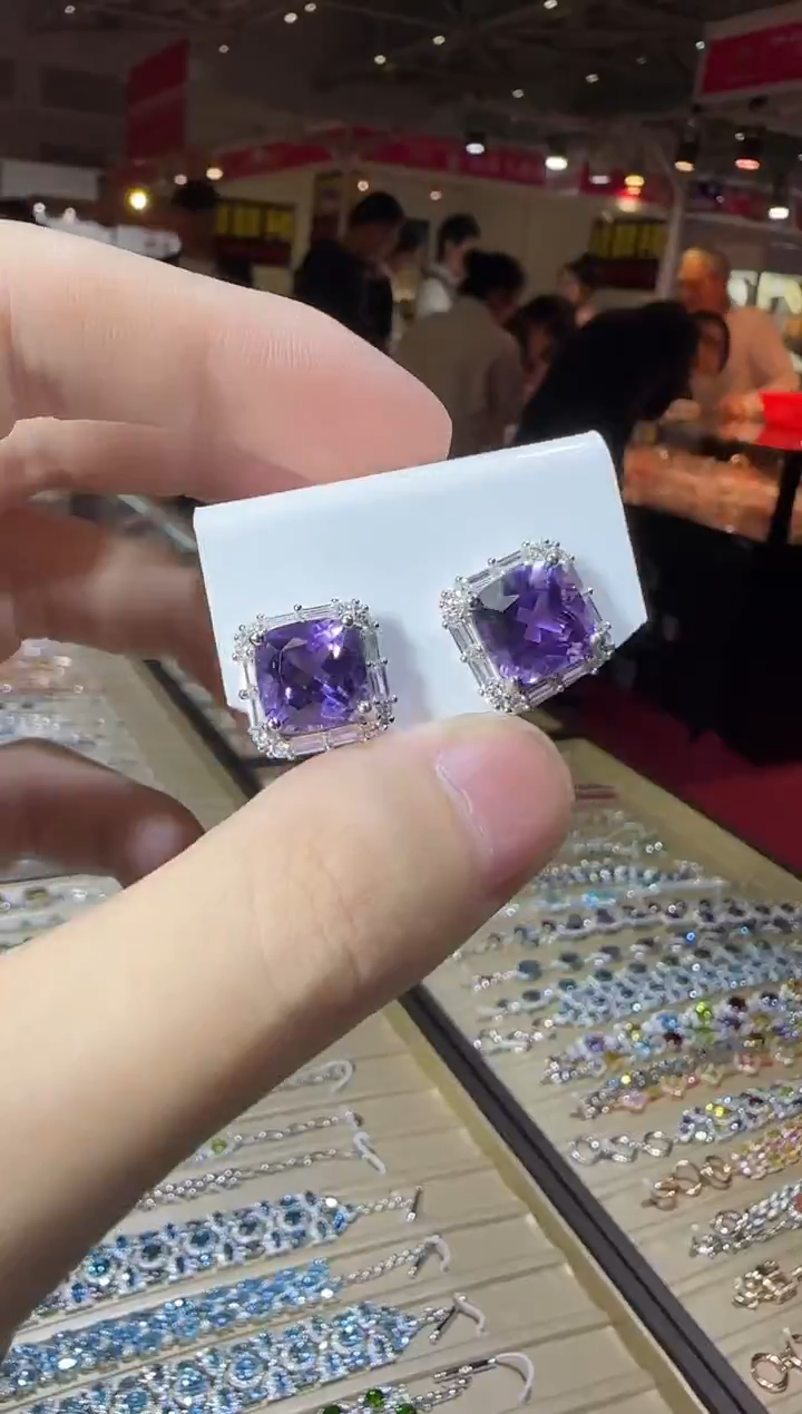 银S925镶嵌耳饰紫晶10mm帝王紫耳钉