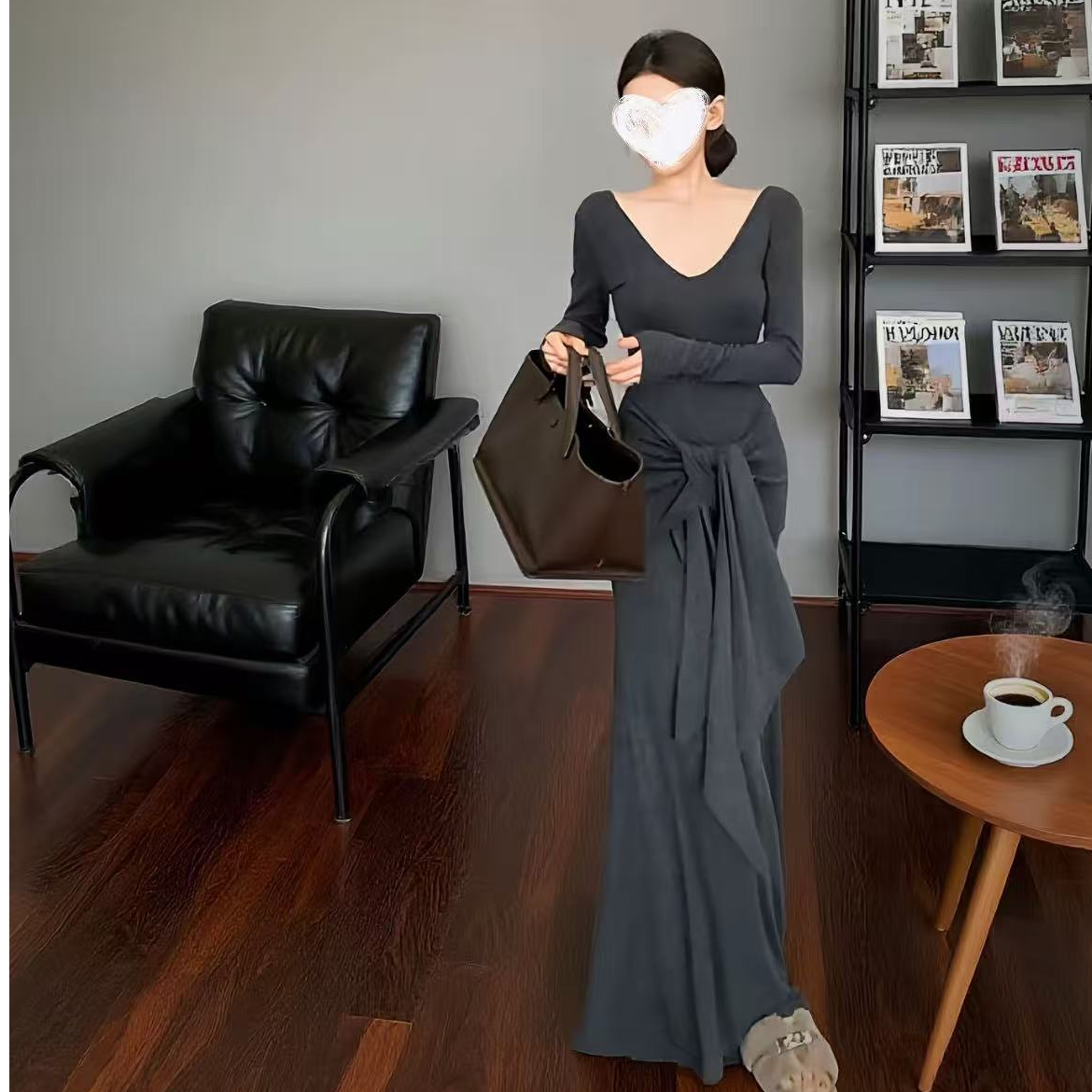 v领长袖连衣裙女秋季修身长裙气质收腰包臀裙子披肩两件套