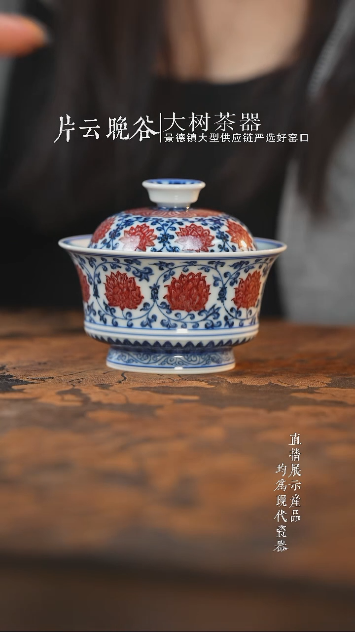 杯子陶瓷永明尚玩青花釉里红缠枝莲马蹄盖碗