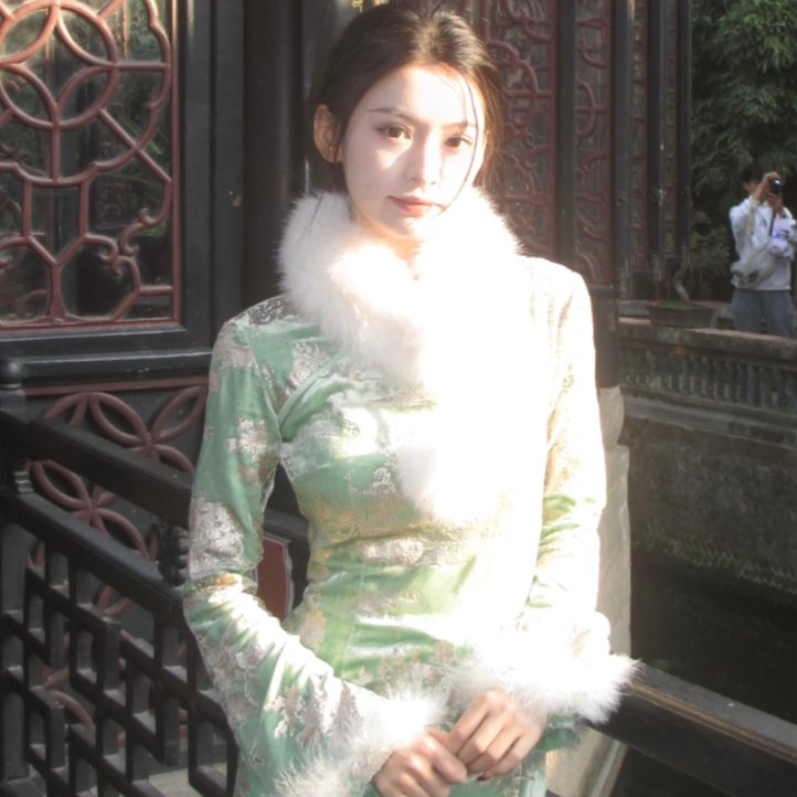 藏白【青松】新中式气质旗袍连衣裙秋冬国风收腰裙子-SXRYX407426