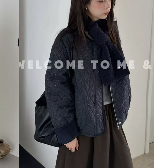 清ME&ME 8251298韩系夹棉菱格短款棉服秋冬设计感百搭带围巾外套