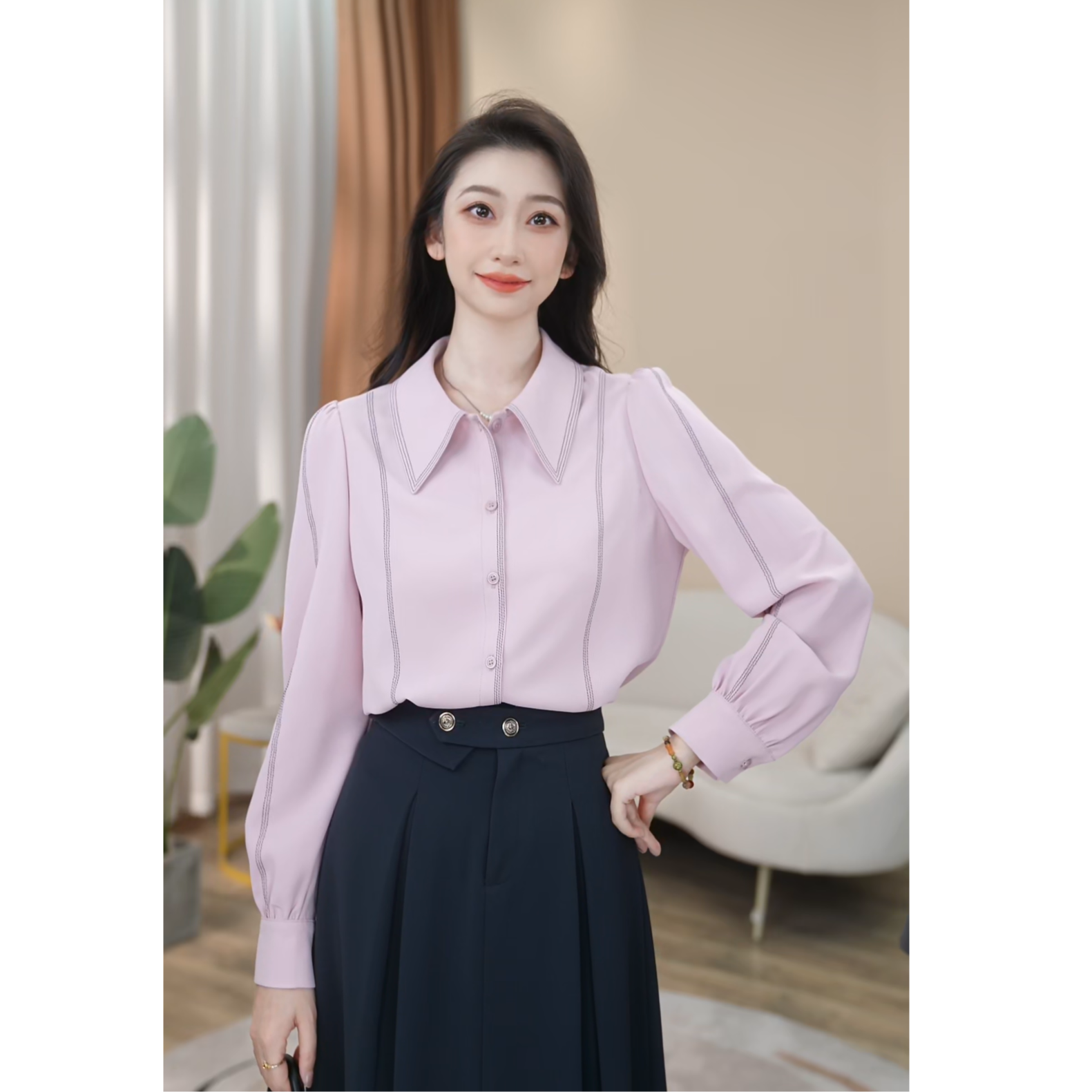 【曼贝】粉紫色长袖衬衫女高级感气质宽松显瘦职业8593329【甜甜】