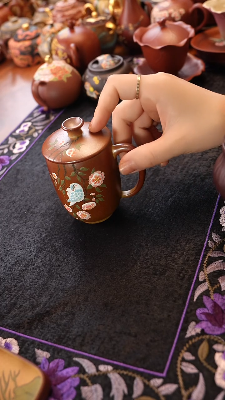 茶壶紫砂段泥柴烧花鸟盖杯