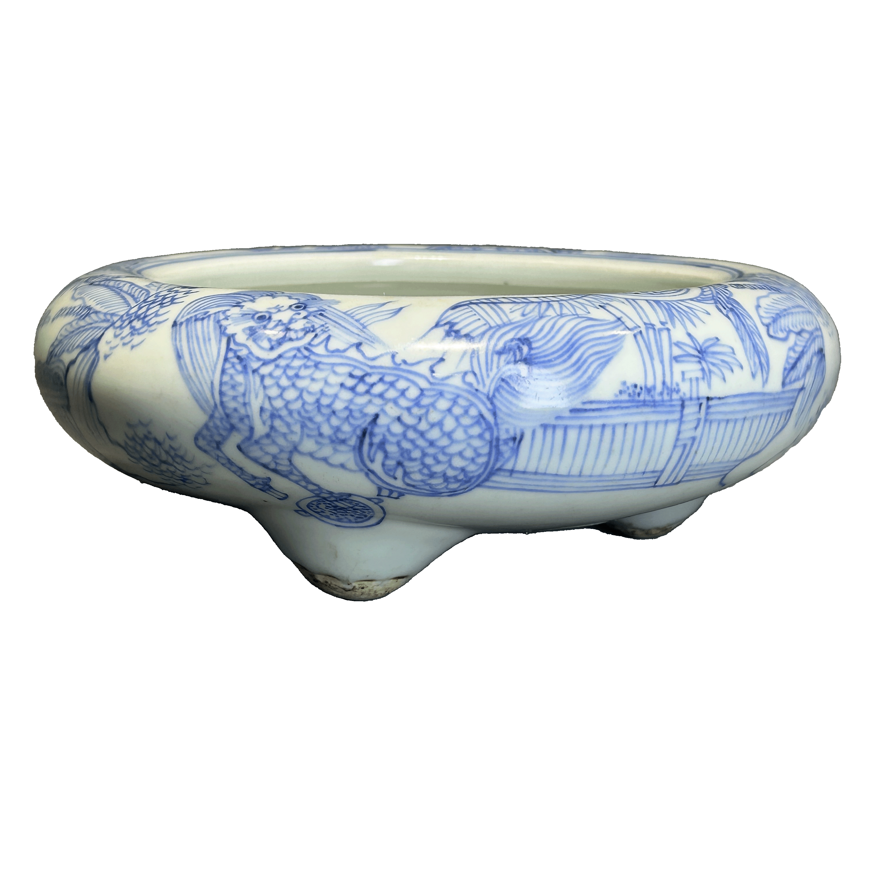 25120061t青花铁线描麒麟纹三足炉