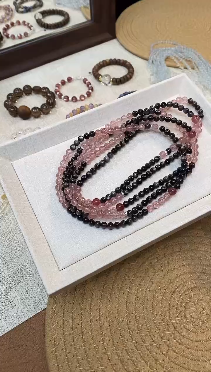 合金手链水晶《茶颜》银曜草莓石榴双圈5-7mm多样性发一