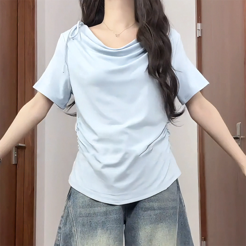 【8761】大码女装胖mm纯欲风荡领一字肩短袖t恤夏季遮肚子显瘦上衣