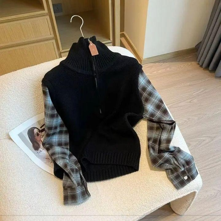 冬季新款长袖华夫格高领宽松百搭休闲毛针织衫女
