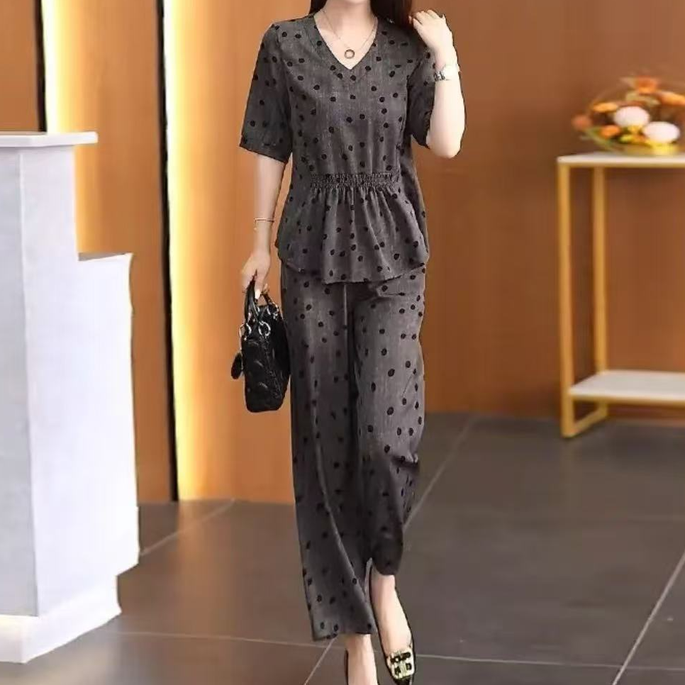 2025夏季新款时尚波点上衣+阔腿裤两件套气质女套装8821衣61裤86