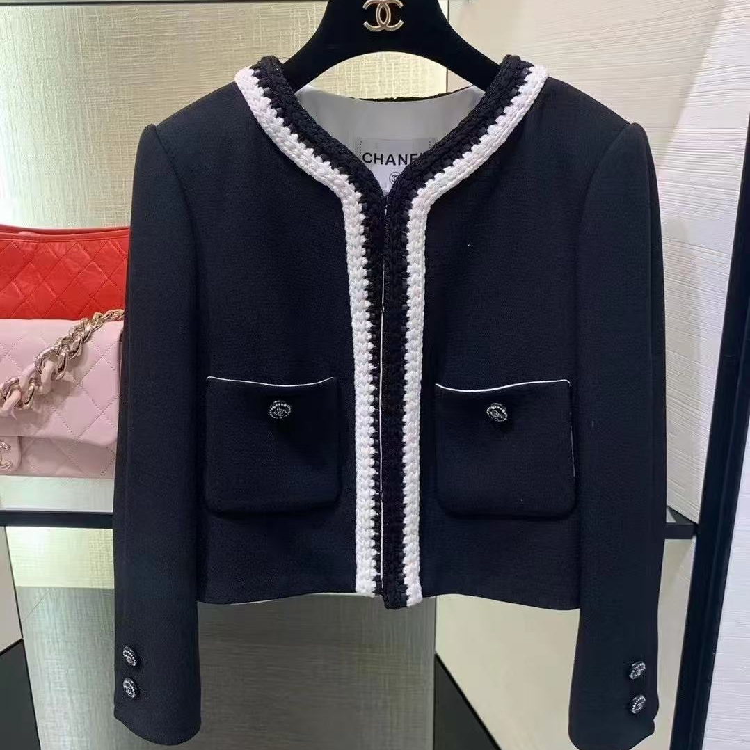 99新 Chanel/香奈儿 22C黑色白边短款小外套 34码 
